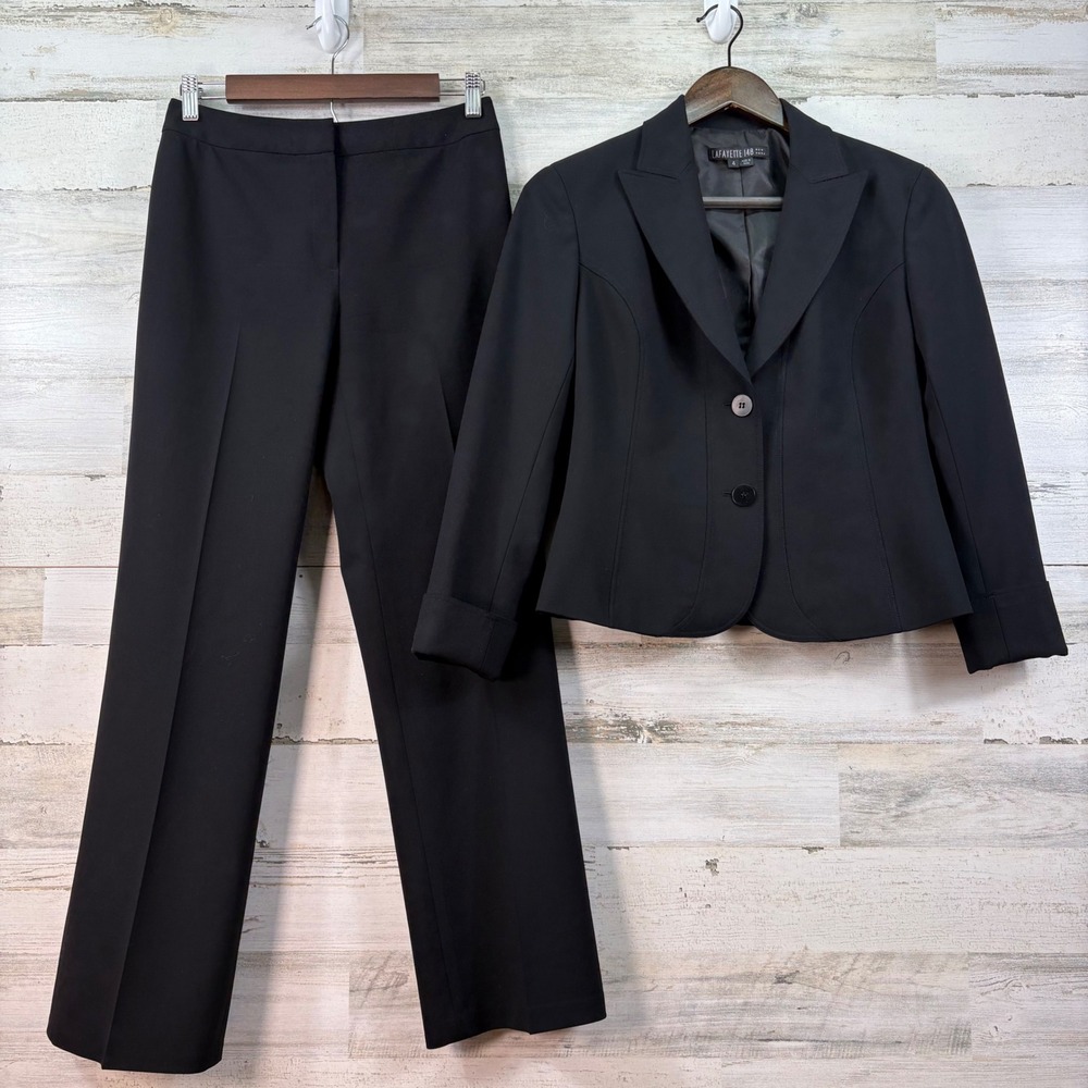 Lafayette‎ 148 NY Luxury Black Stretch Wool Peak Lapel Blazer Pant Suit Size 4